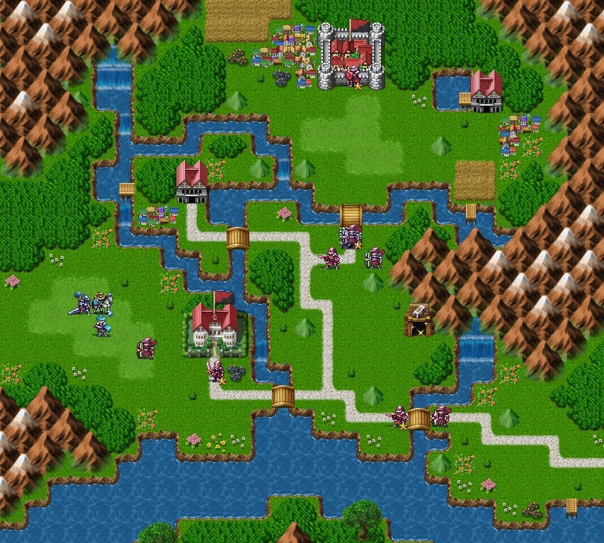 Bản đồ chiến thuật Chapter 1 — Rebellion (Eastwall): grid địa hình, castle địch, vị trí quân và rương
