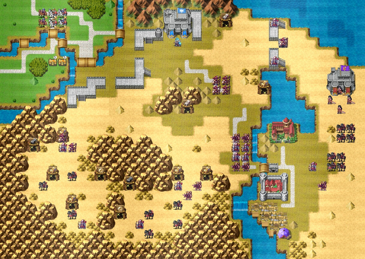 Bản đồ chiến thuật Chapter 24 — Scorched Sands: grid địa hình, vị trí quân, mục tiêu và loot