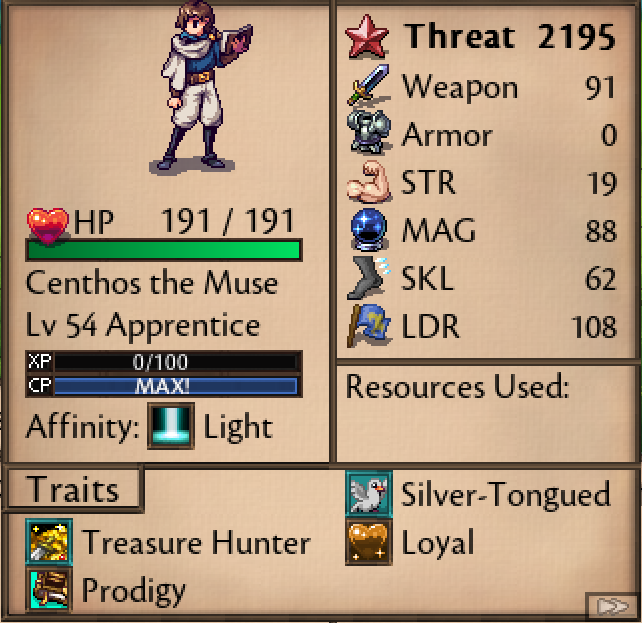 Centhos the Muse — stat card